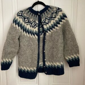 Vintage L.L. Bean Icelandic wool sweater, cardigan, gray, navy, and blue